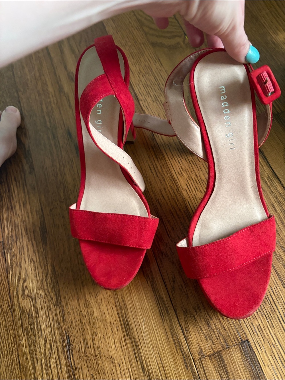 Madden Girl Red Suede Open-Toe Ankle Strap Heels